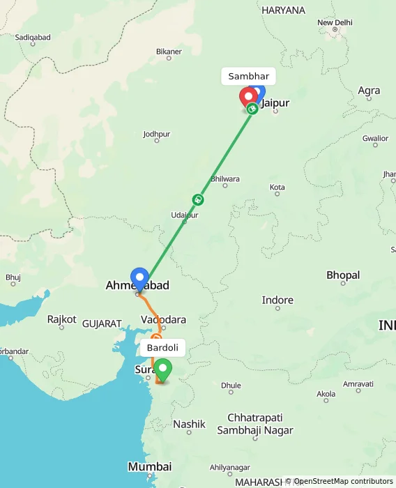 Route map showing distance and travel time from Bardoli, India to Sambhar, India