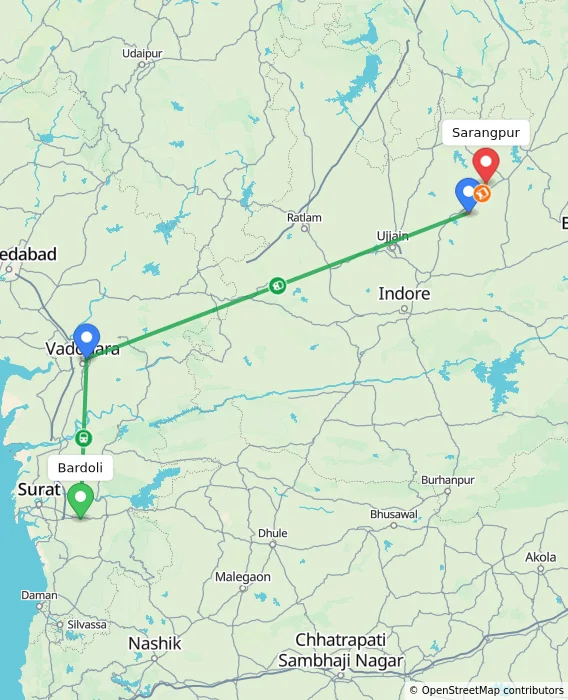 Route map showing distance and travel time from Bardoli, India to Sarangpur, India