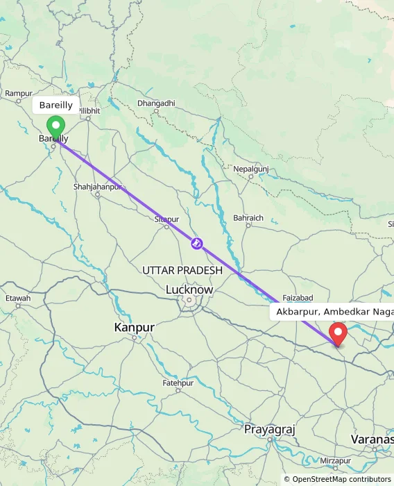 Route map showing distance and travel time from Bareilly, India to Akbarpur, Ambedkar Nagar, India