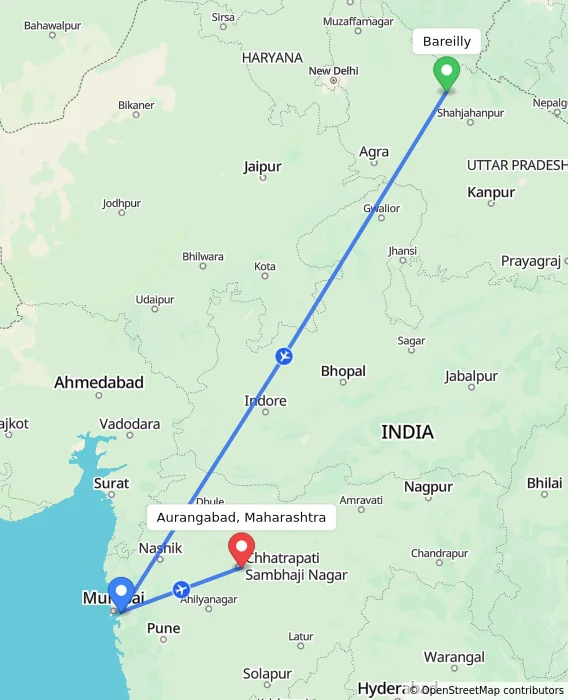 Route map showing distance and travel time from Bareilly, India to Aurangabad, Maharashtra, India