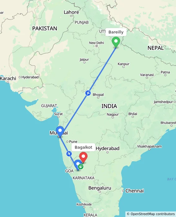 Route map showing distance and travel time from Bareilly, India to Bagalkot, India