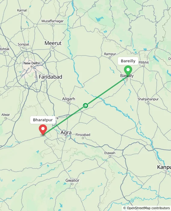 Route map showing distance and travel time from Bareilly, India to Bharatpur, India