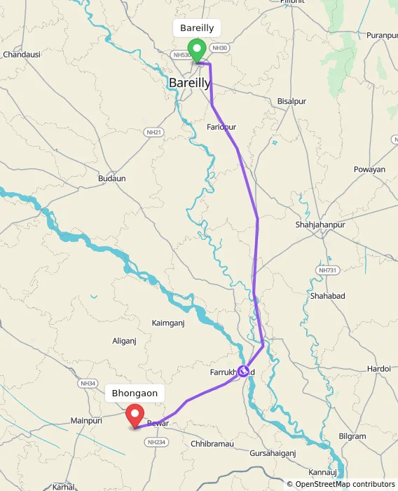 Route map showing distance and travel time from Bareilly, India to Bhongaon, India