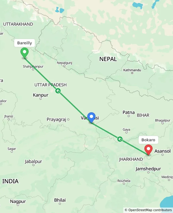 Route map showing distance and travel time from Bareilly, India to Bokaro, India
