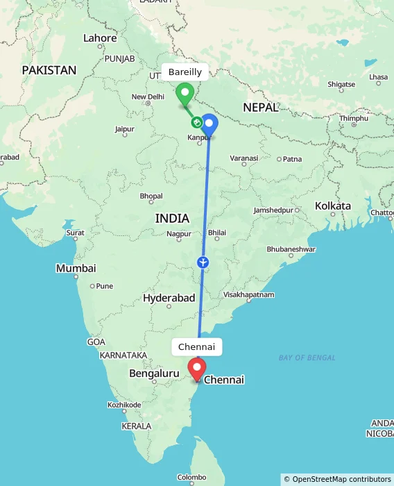 Route map showing distance and travel time from Bareilly, India to Chennai, India