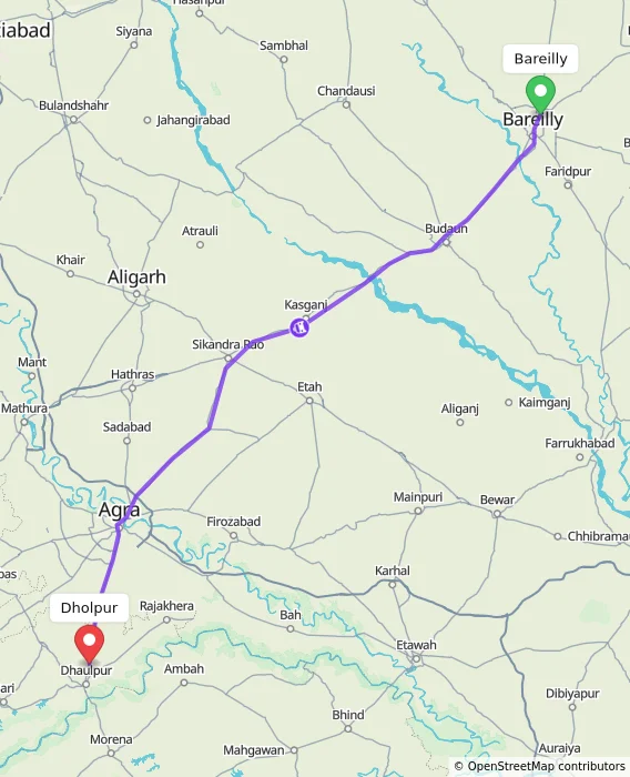Route map showing distance and travel time from Bareilly, India to Dholpur, India
