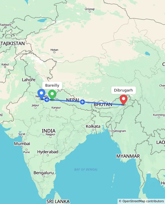 Route map showing distance and travel time from Bareilly, India to Dibrugarh, India