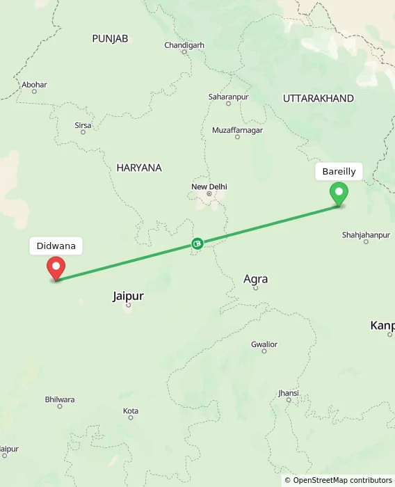 Route map showing distance and travel time from Bareilly, India to Didwana, India