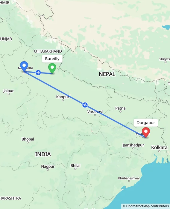 Route map showing distance and travel time from Bareilly, India to Durgapur, India