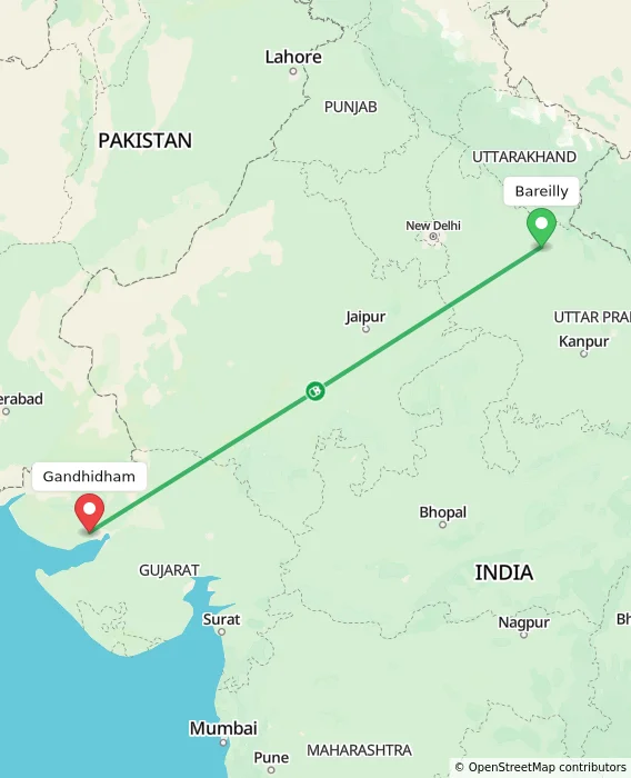 Route map showing distance and travel time from Bareilly, India to Gandhidham, India