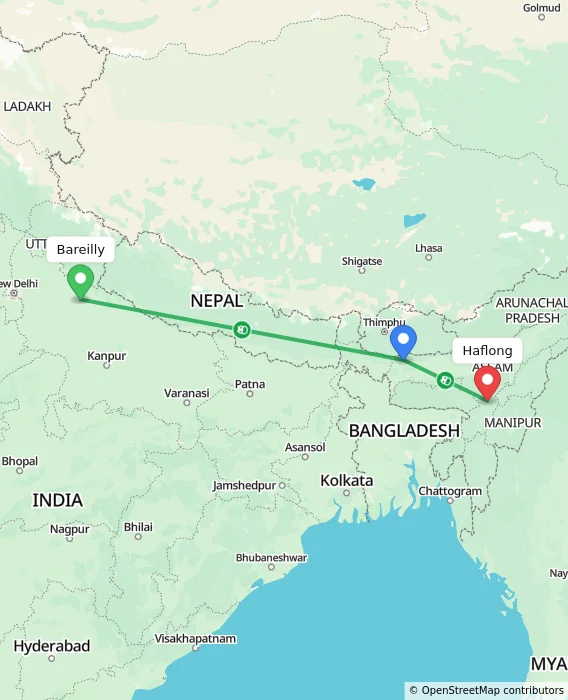 Route map showing distance and travel time from Bareilly, India to Haflong, India