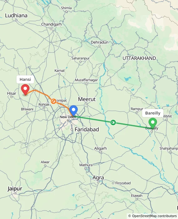Route map showing distance and travel time from Bareilly, India to Hansi, India