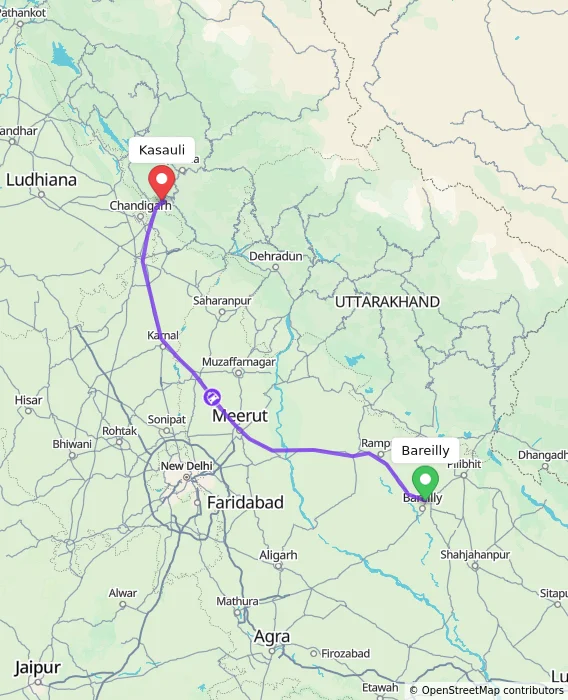 Route map showing distance and travel time from Bareilly, India to Kasauli, India