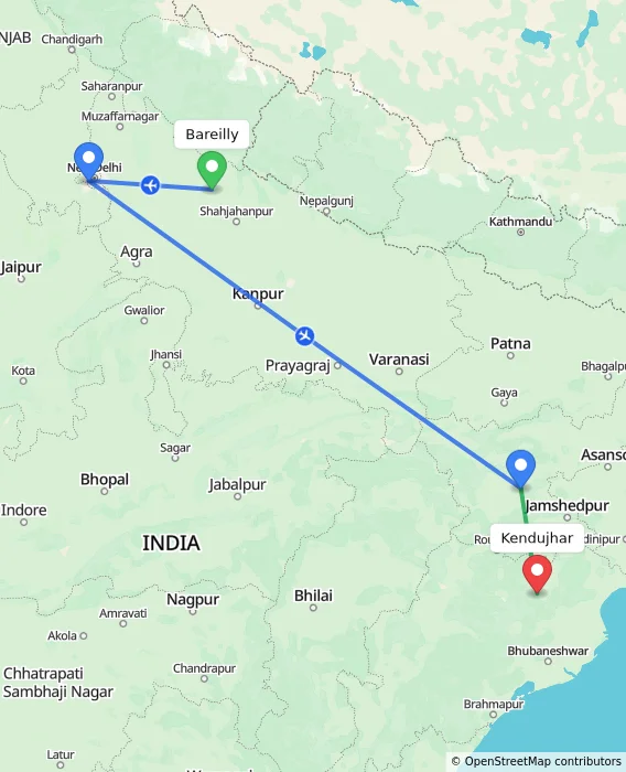 Route map showing distance and travel time from Bareilly, India to Kendujhar, India