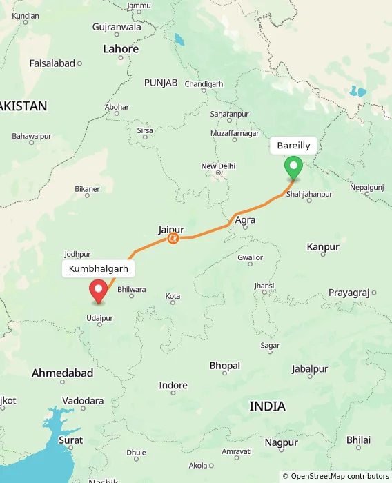 Route map showing distance and travel time from Bareilly, India to Kumbhalgarh, India
