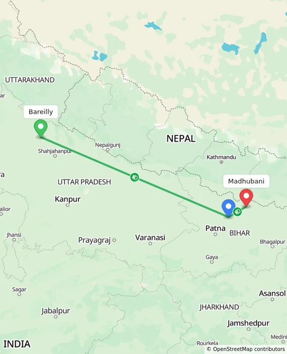 Route map showing distance and travel time from Bareilly, India to Madhubani, India
