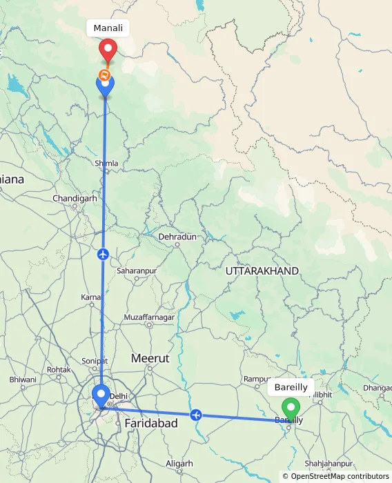 Route map showing distance and travel time from Bareilly, India to Manali, India