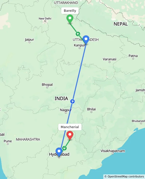 Route map showing distance and travel time from Bareilly, India to Mancherial, India