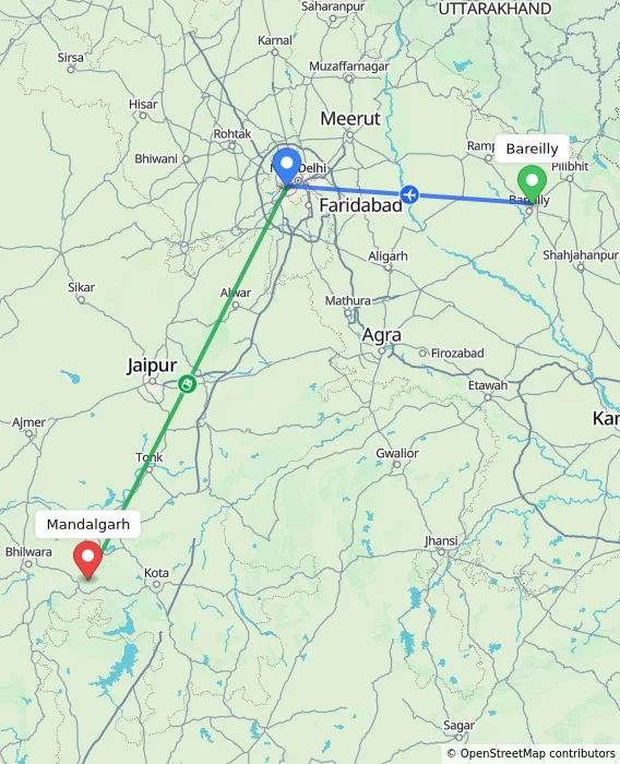 Route map showing distance and travel time from Bareilly, India to Mandalgarh, India
