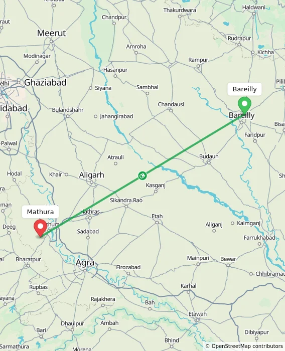 Route map showing distance and travel time from Bareilly, India to Mathura, India