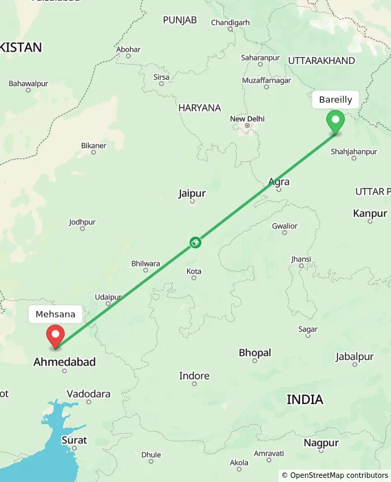 Route map showing distance and travel time from Bareilly, India to Mehsana, India