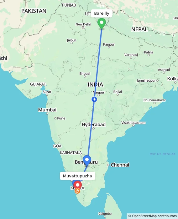 Route map showing distance and travel time from Bareilly, India to Muvattupuzha, India