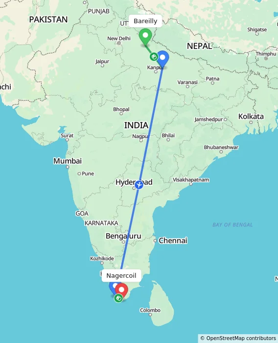 Route map showing distance and travel time from Bareilly, India to Nagercoil, India
