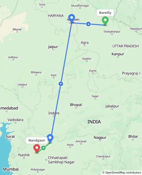 Route map showing distance and travel time from Bareilly, India to Nandgaon, India