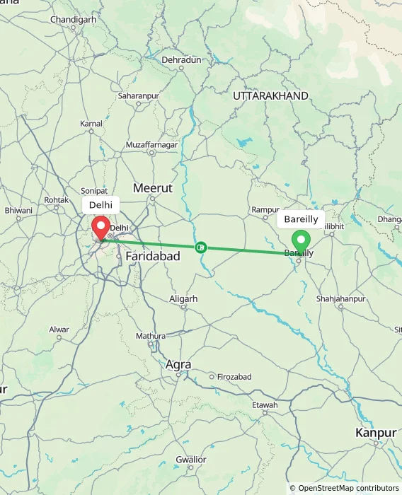 Route map showing distance and travel time from Bareilly, India to Delhi, India
