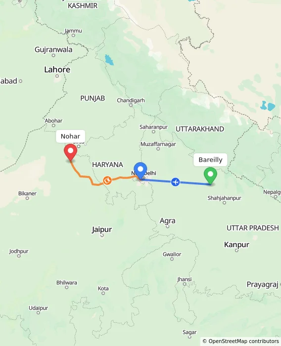 Route map showing distance and travel time from Bareilly, India to Nohar, India