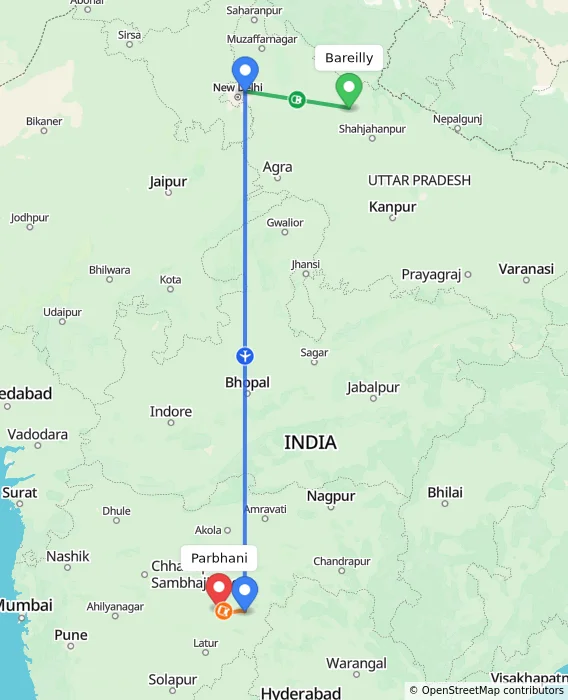 Route map showing distance and travel time from Bareilly, India to Parbhani, India