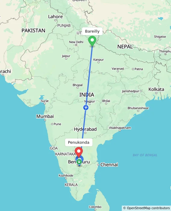 Route map showing distance and travel time from Bareilly, India to Penukonda, India
