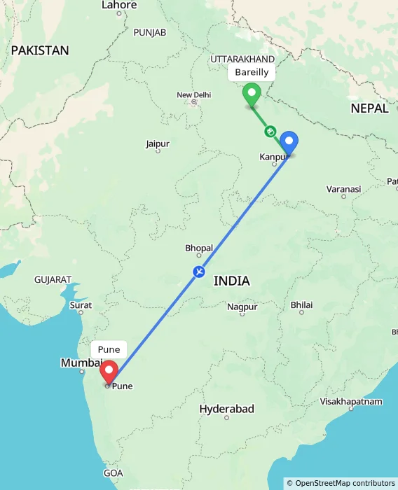 Route map showing distance and travel time from Bareilly, India to Pune, India