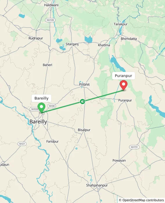 Route map showing distance and travel time from Bareilly, India to Puranpur, India