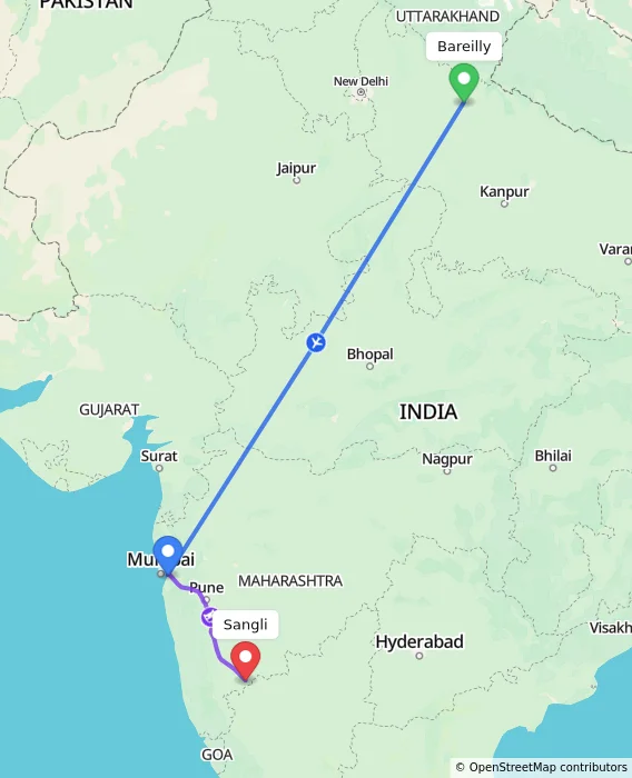 Route map showing distance and travel time from Bareilly, India to Sangli, India