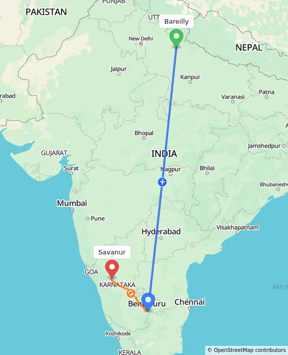 Route map showing distance and travel time from Bareilly, India to Savanur, India