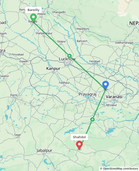 Route map showing distance and travel time from Bareilly, India to Shahdol, India