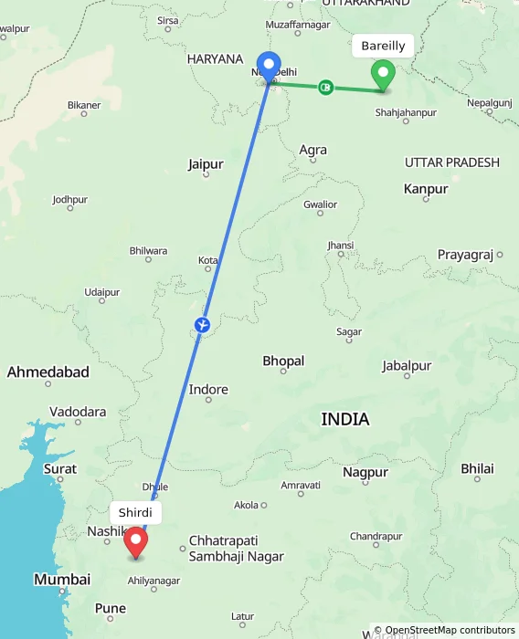 Route map showing distance and travel time from Bareilly, India to Shirdi, India