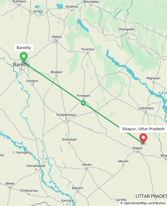 Route map showing distance and travel time from Bareilly, India to Sitapur, Uttar Pradesh, India