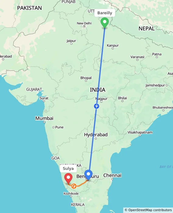 Route map showing distance and travel time from Bareilly, India to Sulya, India