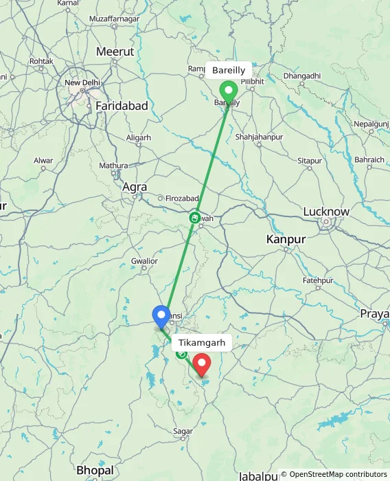 Route map showing distance and travel time from Bareilly, India to Tikamgarh, India