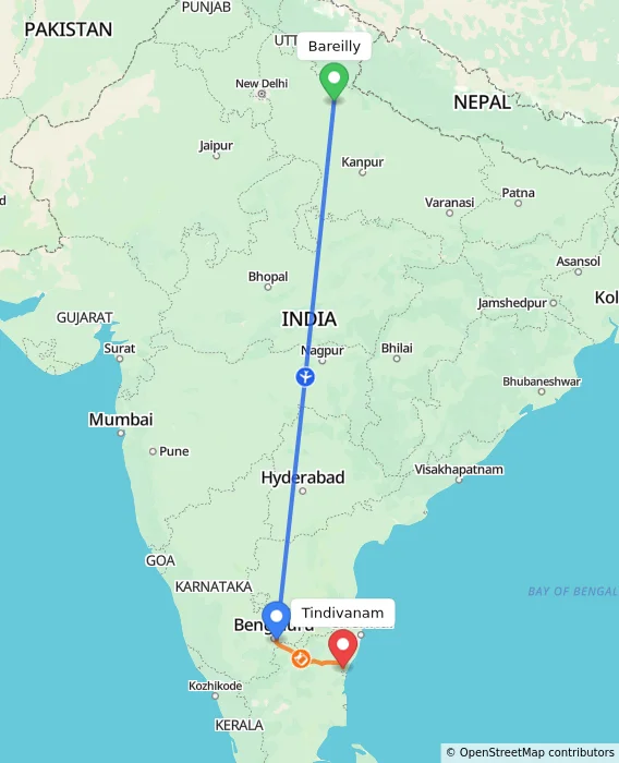 Route map showing distance and travel time from Bareilly, India to Tindivanam, India
