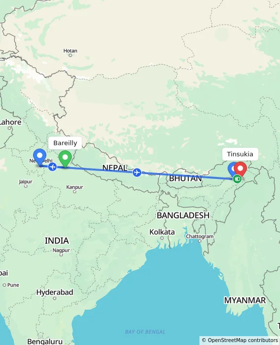 Route map showing distance and travel time from Bareilly, India to Tinsukia, India