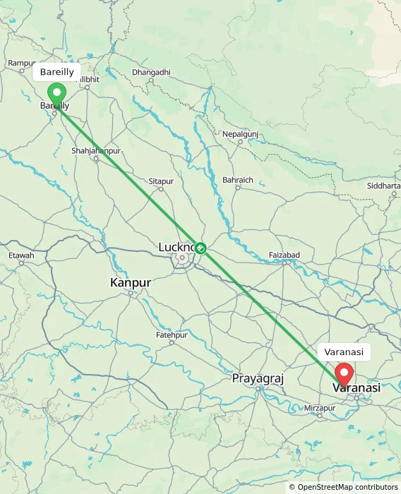 Route map showing distance and travel time from Bareilly, India to Varanasi, India
