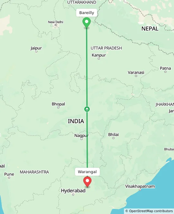 Route map showing distance and travel time from Bareilly, India to Warangal, India
