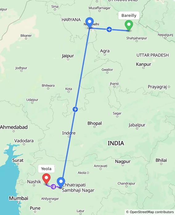 Route map showing distance and travel time from Bareilly, India to Yeola, India