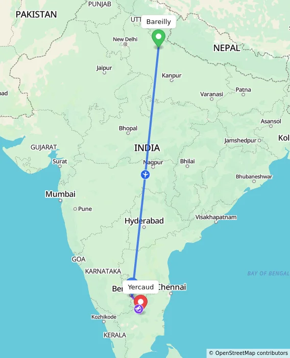 Route map showing distance and travel time from Bareilly, India to Yercaud, India