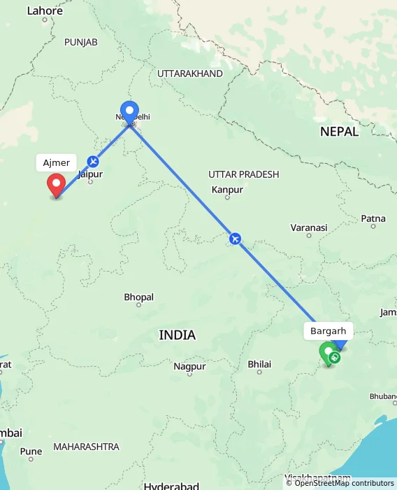 Route map showing distance and travel time from Bargarh, India to Ajmer, India