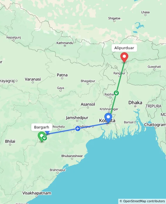 Route map showing distance and travel time from Bargarh, India to Alipurduar, India