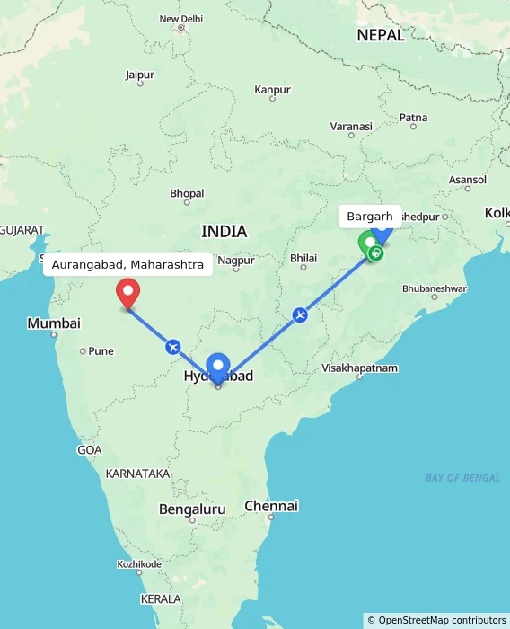 Route map showing distance and travel time from Bargarh, India to Aurangabad, Maharashtra, India